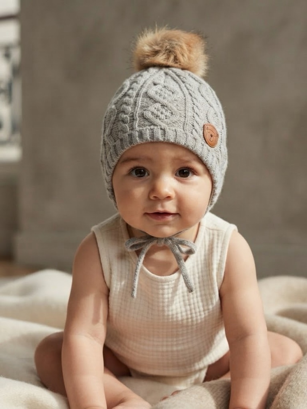 H&M Toddler Grey Cable Knit Pom Pom Beanie